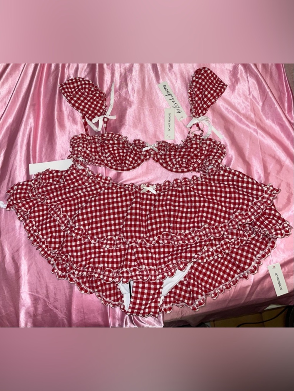 For Love & Lemons Red Gingham Ruffle Bikini Set